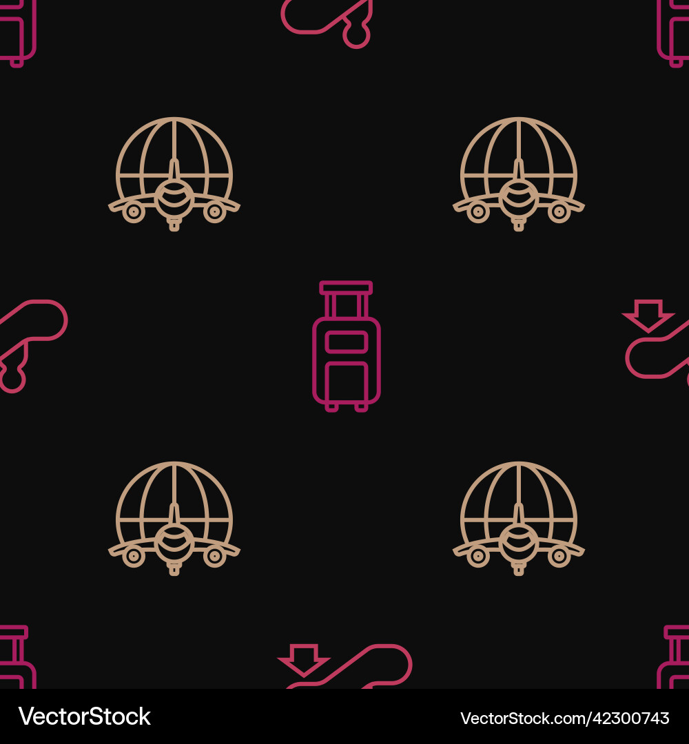 Set line escalator up globe with flying plane Vector Image