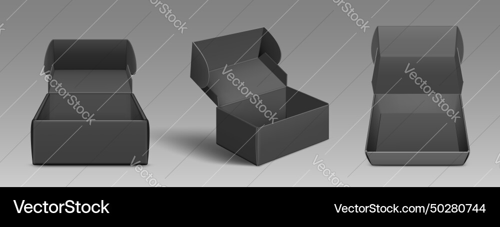 3d set of open black boxes isolated on background 3d set of open black boxes isolated on background Vector Image