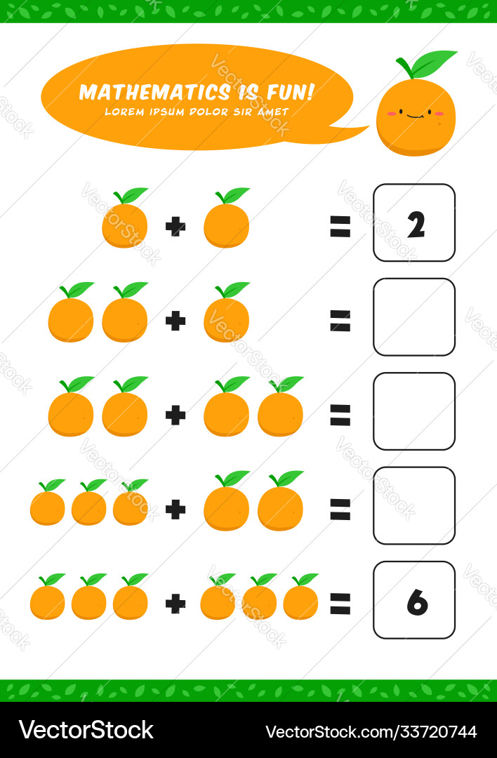 Preschool addition mathematics learn worksheet vector image