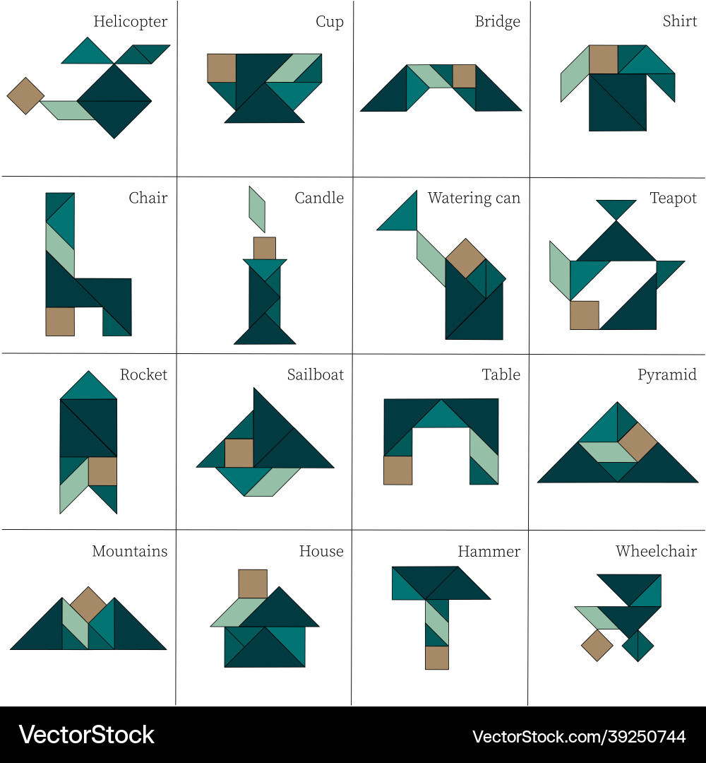 Tangram puzzle game schemas with objects Tangram puzzle game schemas with objects vector image