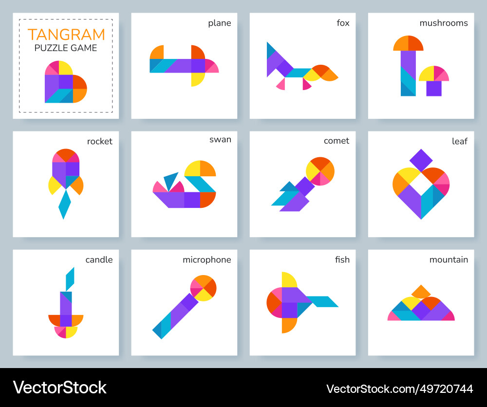 Tangram puzzle set with various objects Tangram puzzle set with various objects vector image