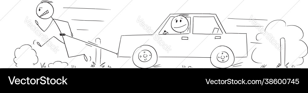 Man running on road and pulling broken car Vector Image