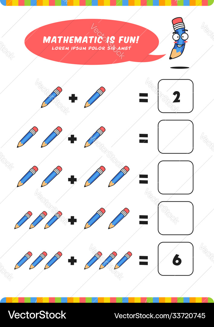 Preschool addition mathematics learn worksheet vector image