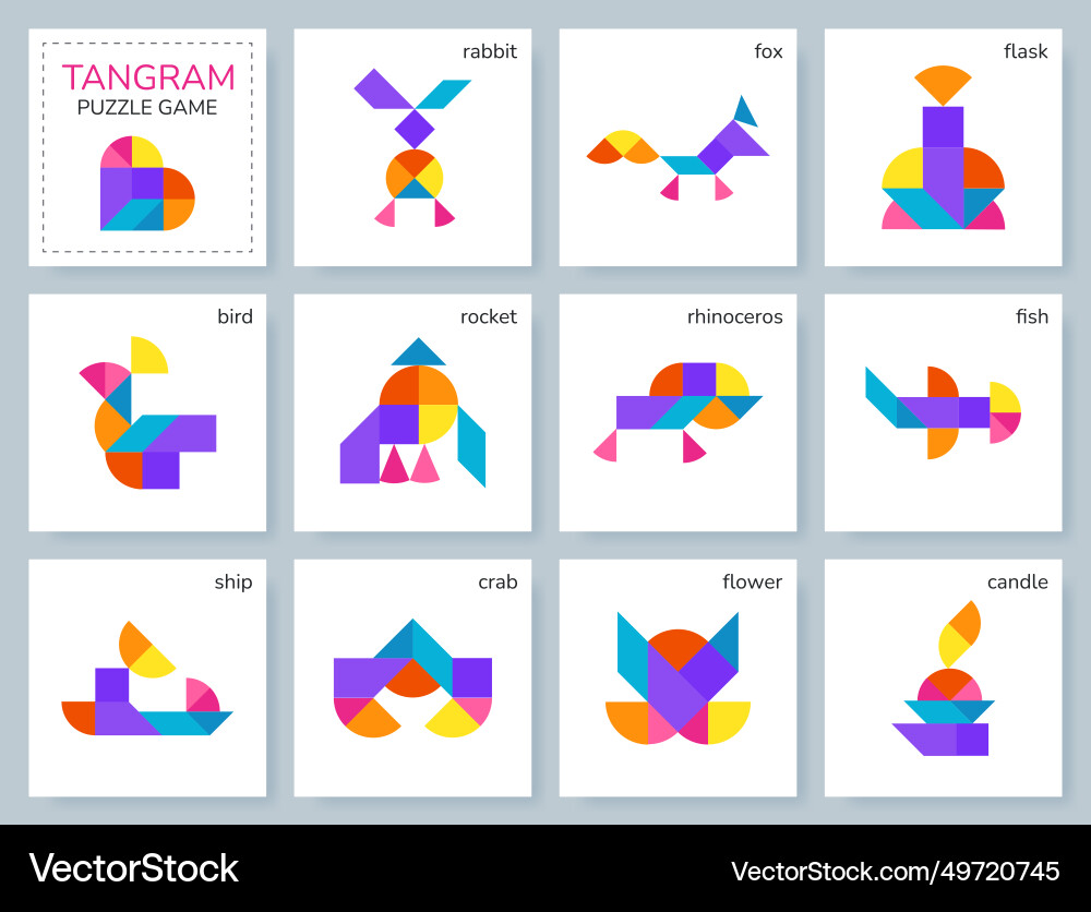 Tangram Puzzle-Set mit verschiedenen Objekten Tangram Puzzle-Set mit verschiedenen Objekten vektorbild