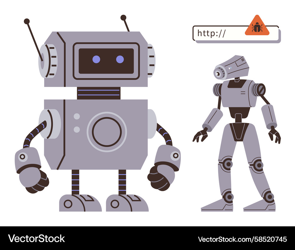 Two Robots with Warning Sign Vector Image