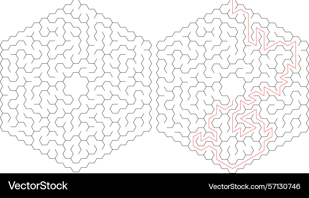Mazes one solved with a red path Mazes one solved with a red path vector image