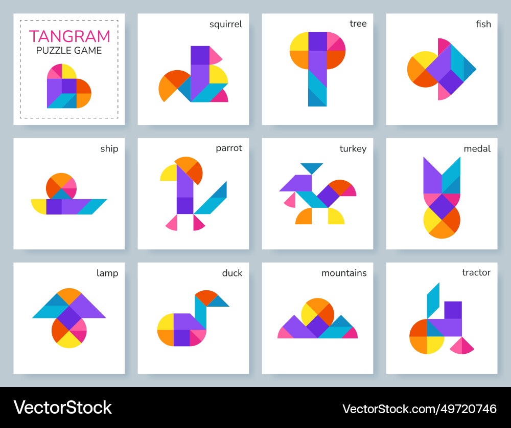 Tangram puzzle set with various objects Tangram puzzle set with various objects vector image