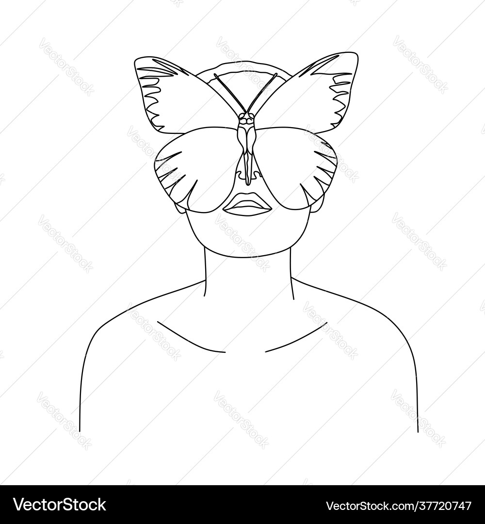 Abstraktes Gesicht mit Schmetterling eine Linie Zeichnung Abstraktes Gesicht mit Schmetterling eine Linie Zeichnung vektorbild