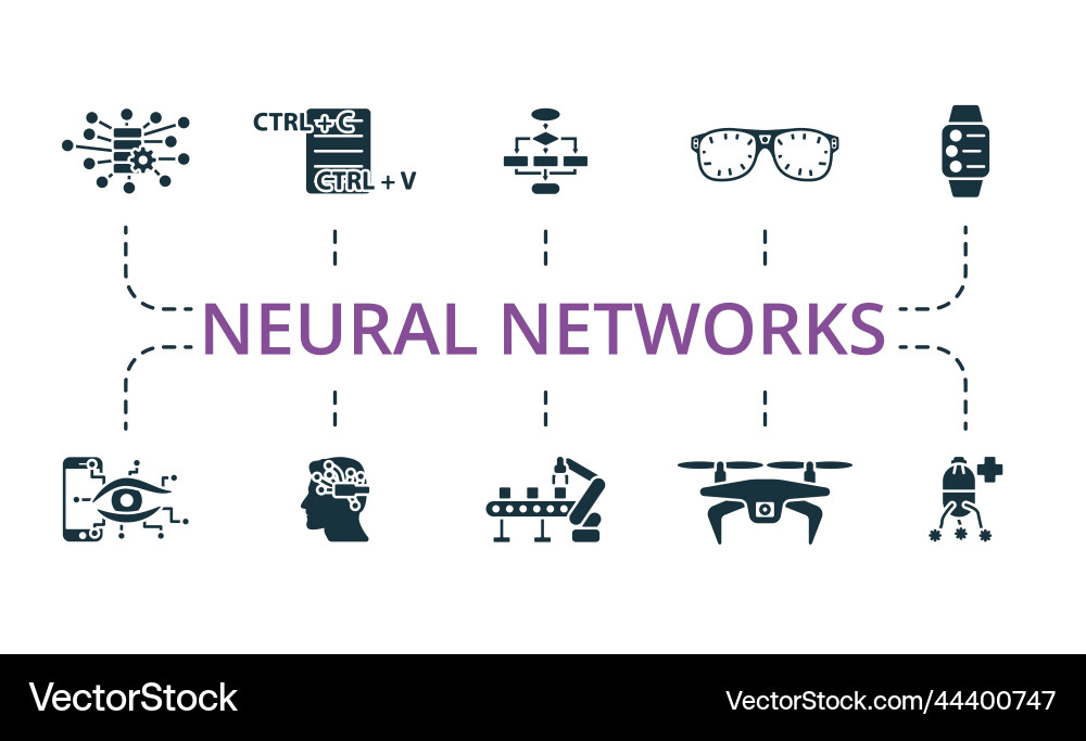 Neural networks icon set monochrome simple Neural networks icon set monochrome simple vector image
