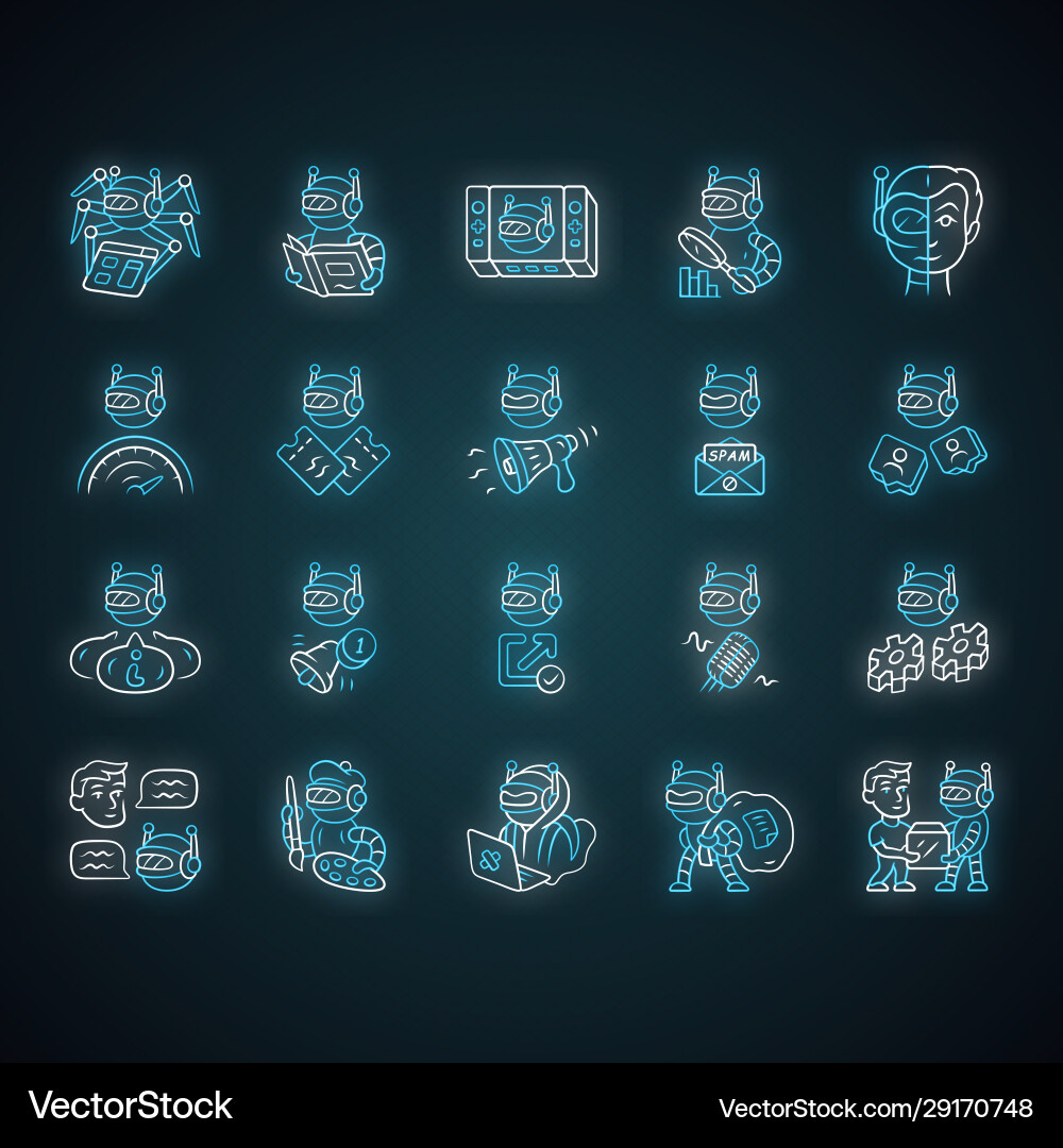 Bot types neon light icons set crawler hacker Bot types neon light icons set crawler hacker vector image