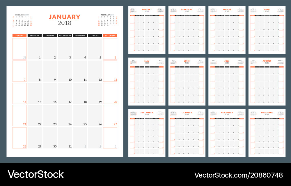 Calendar planner for 2018 year week starts Calendar planner for 2018 year week starts Vector Image