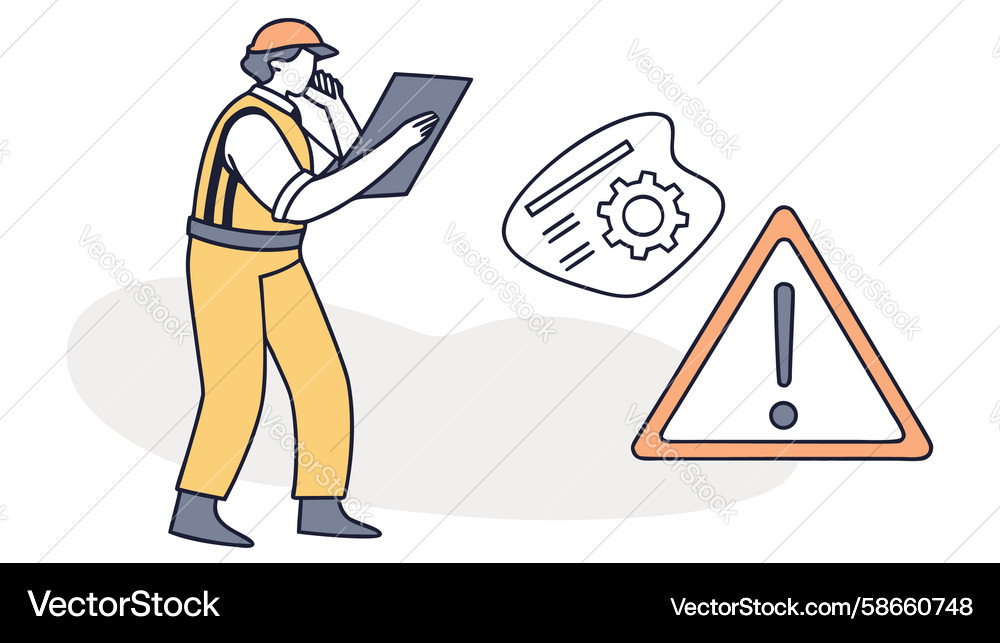Engineer addressing technical issues with warning Vector Image
