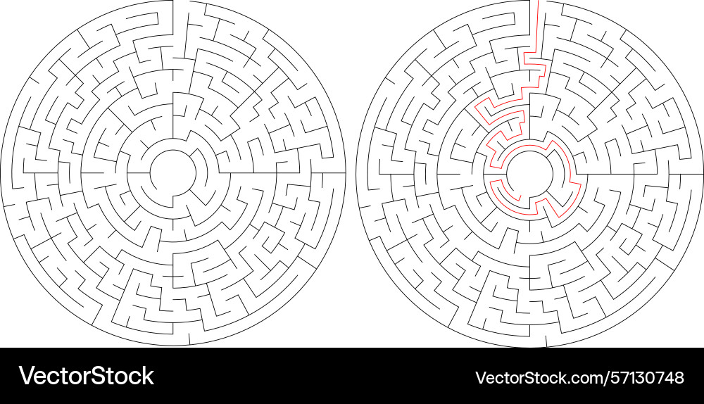 Mazes one solved with a red path Mazes one solved with a red path Vector Image