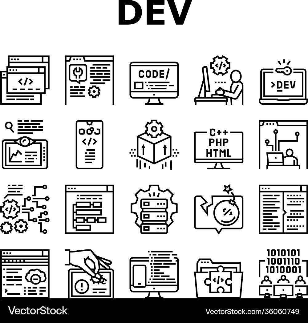 Dev code occupation collection icons set Dev code occupation collection icons set vector image