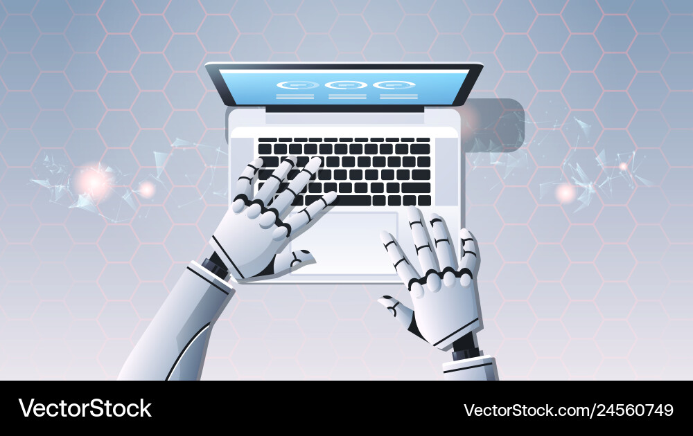 Robot hands using laptop computer typing top angle Vector Image