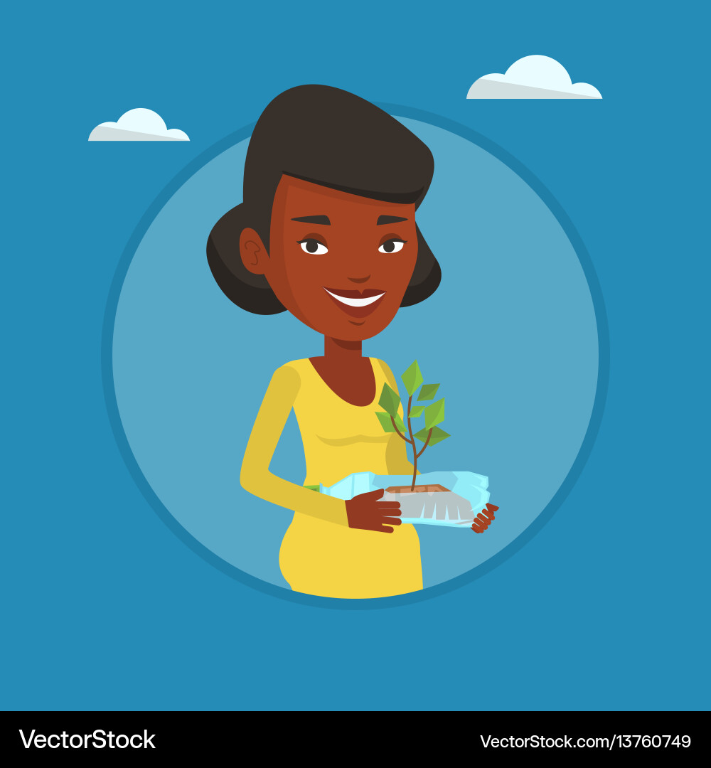 Woman holding plant growing in plastic bottle Woman holding plant growing in plastic bottle vector image