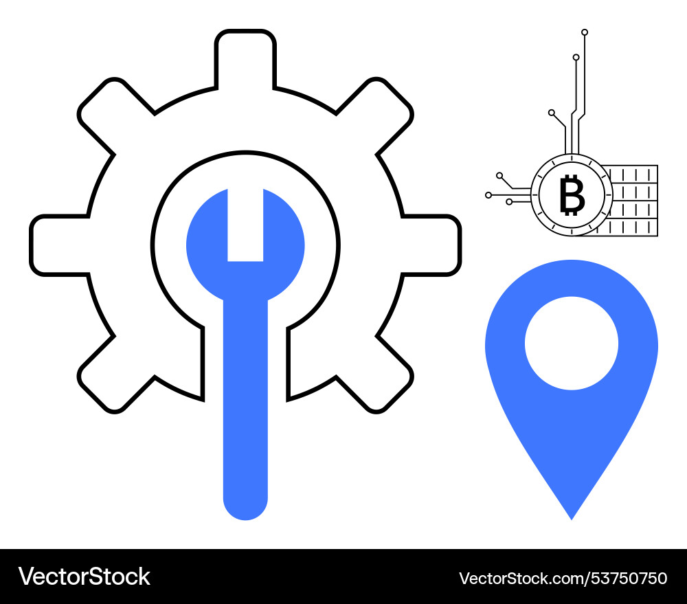 Gear with wrench bitcoin circuit and location Gear with wrench bitcoin circuit and location vector image