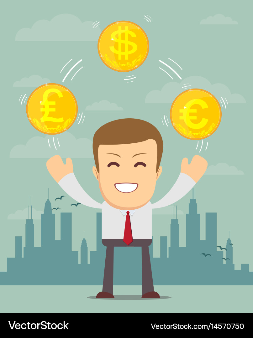 Man with coins different currency symbols Vector Image