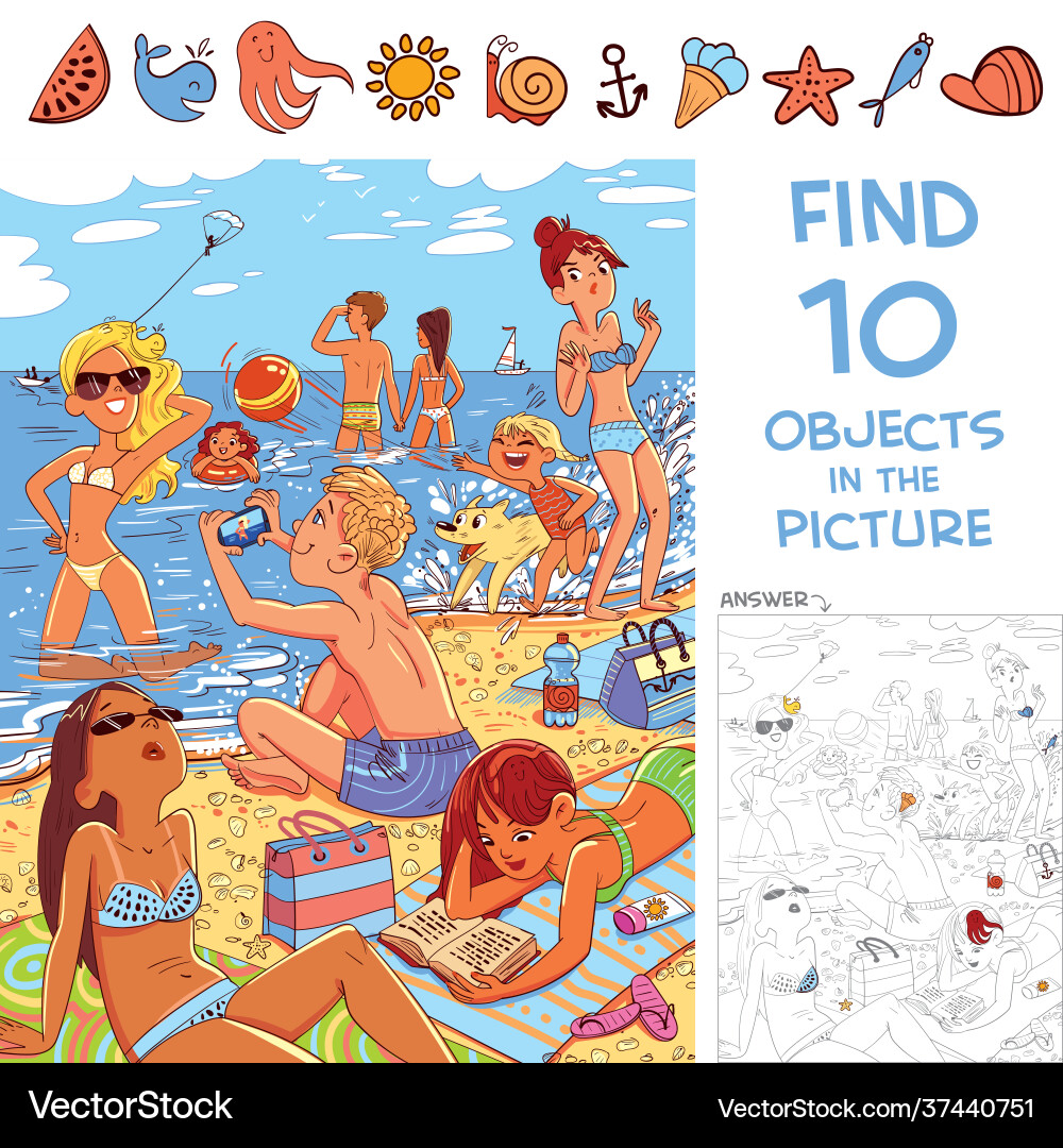 Beach Fun: Find 10 Hidden Objects Vector Image