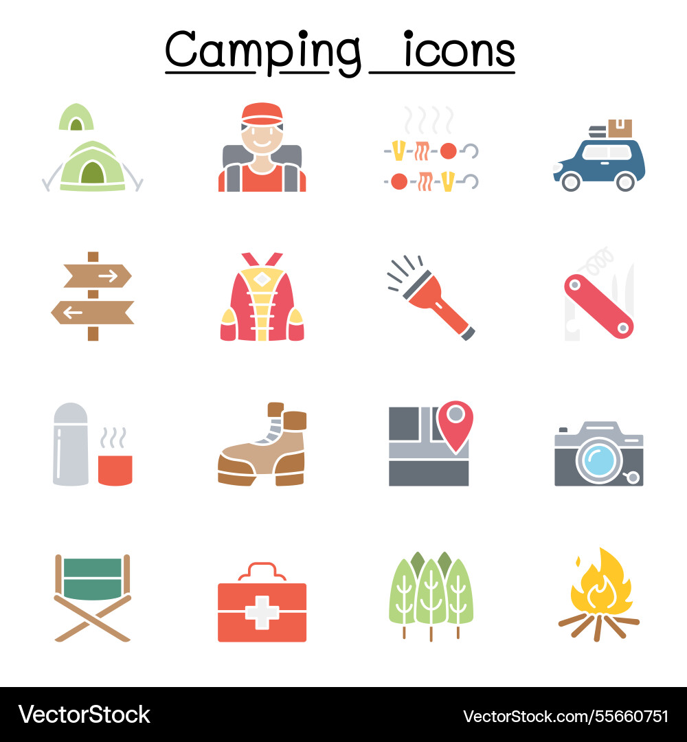 Camping- und Wanderikone im flachen Farbstil Camping- und Wanderikone im flachen Farbstil vektorbild