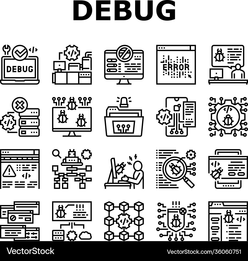 Debug research and fix collection icons set Debug research and fix collection icons set vector image