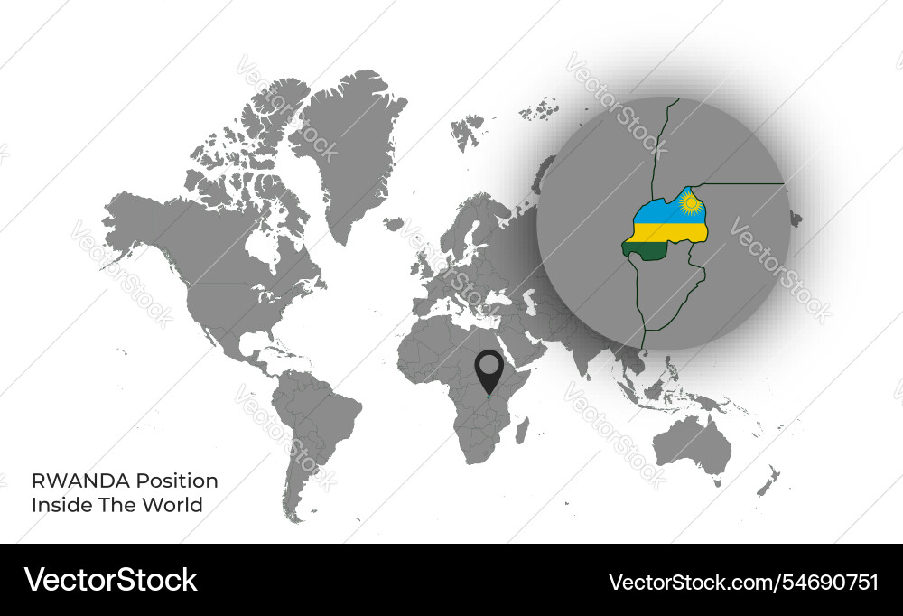 Rwanda position inside the world with flag in map Vector Image