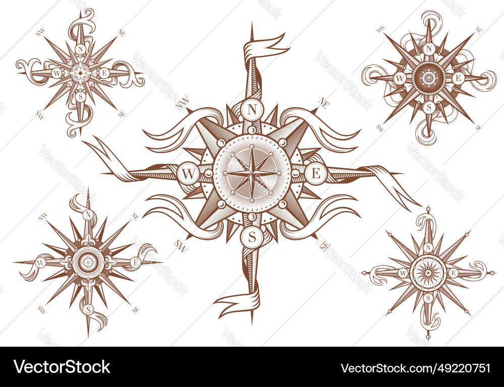 Vintage wind rose compass with medieval ribbons Vintage wind rose compass with medieval ribbons vector image