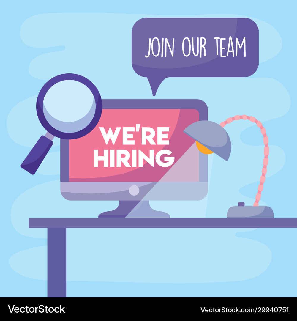 We are hiring message with computer lupe and desk Vector Image