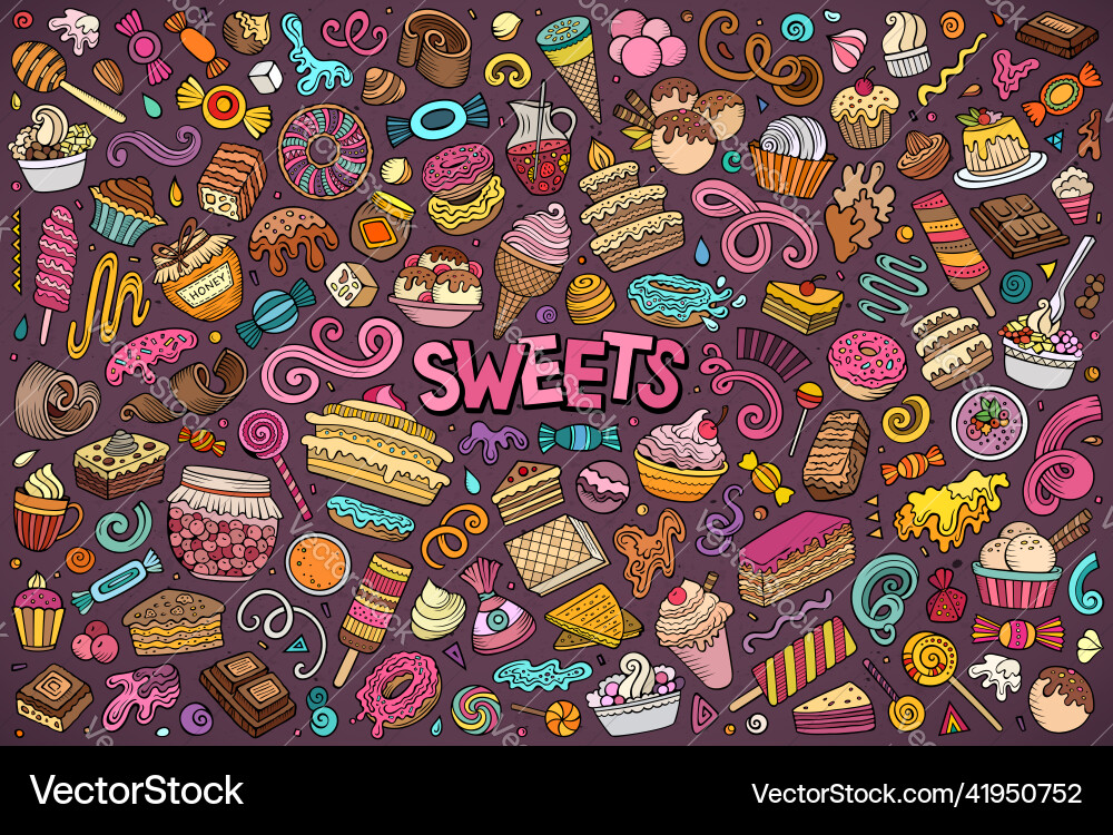 Cartoon set of sweets theme items objects Cartoon set of sweets theme items objects vector image
