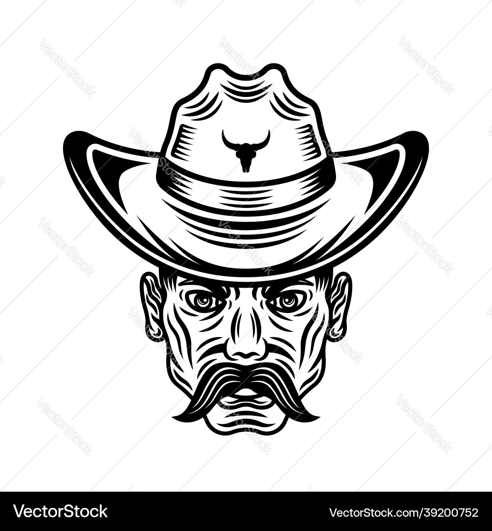 Cowboy man head with mustache in hat vector image