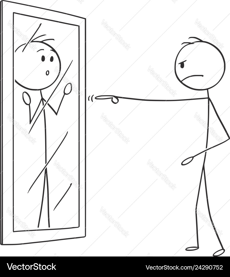 Man Blaming Reflection in Mirror Vector Image