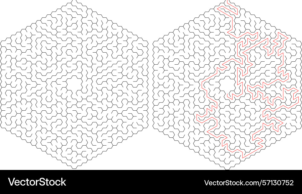 Mazes one solved with a red path vector image