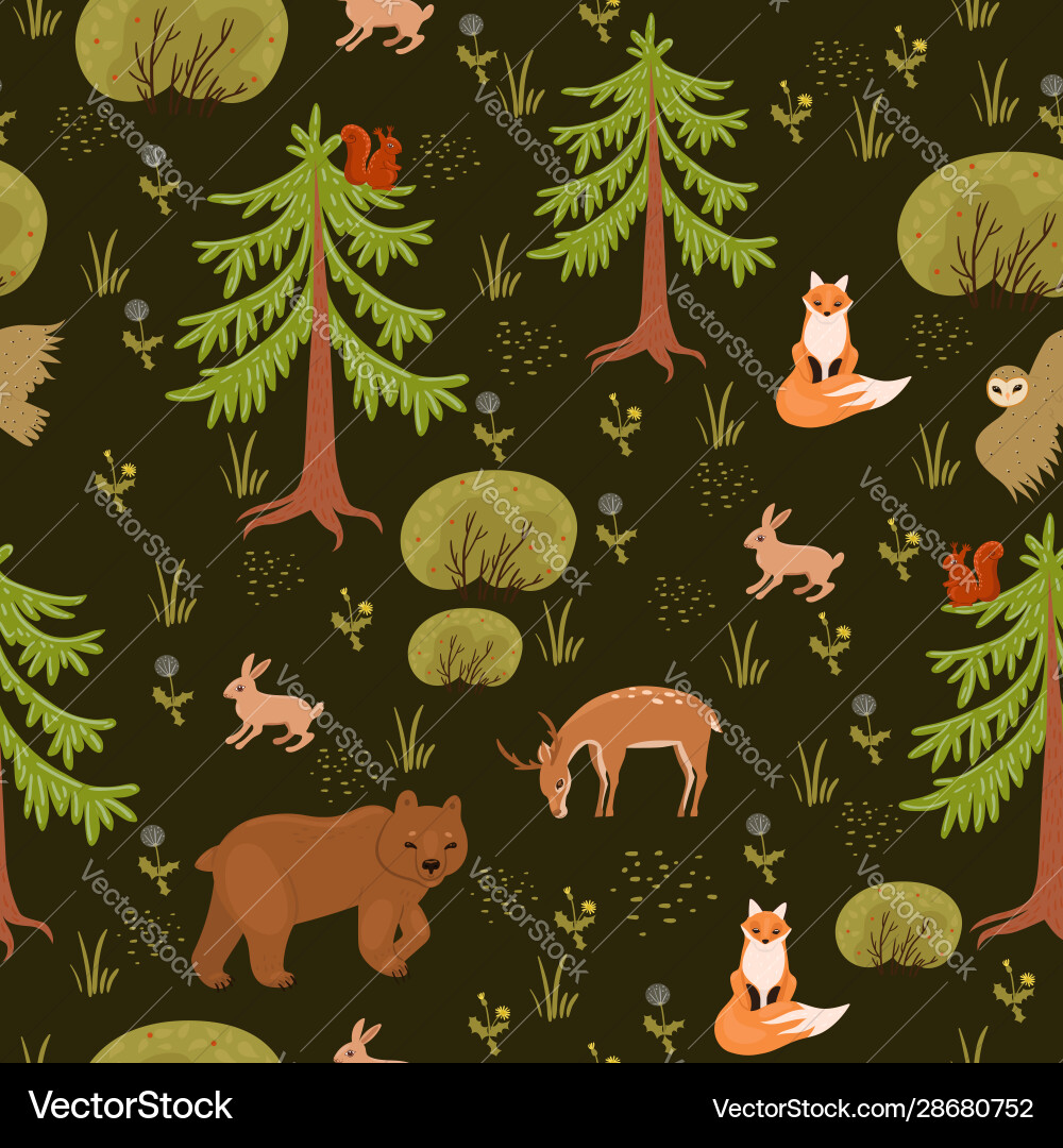 Seamless pattern with animals in forest vector image