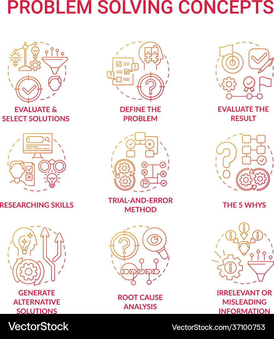 Problem solving red gradient concept icons set Problem solving red gradient concept icons set vector image