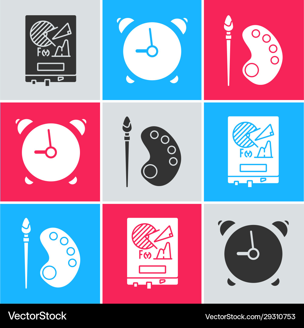 Set board with graph chart alarm clock and paint Set board with graph chart alarm clock and paint vector image