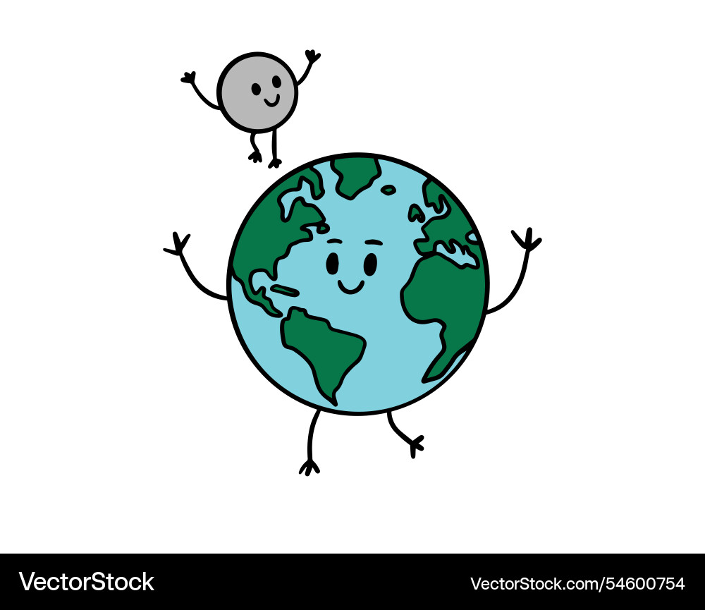 Happy earth planet and smiling moon cartoon hand Happy earth planet and smiling moon cartoon hand vector image