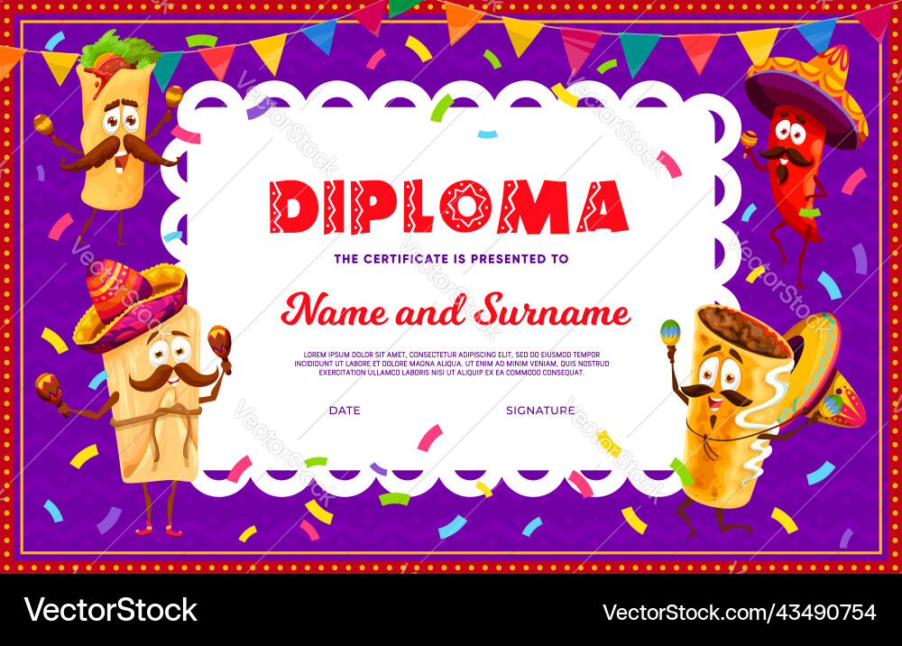 Kids diploma mexican fiesta and tex mex personages Kids diploma mexican fiesta and tex mex personages vector image