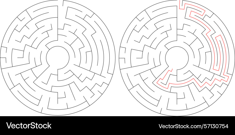 Mazes one solved with a red path Vector Image