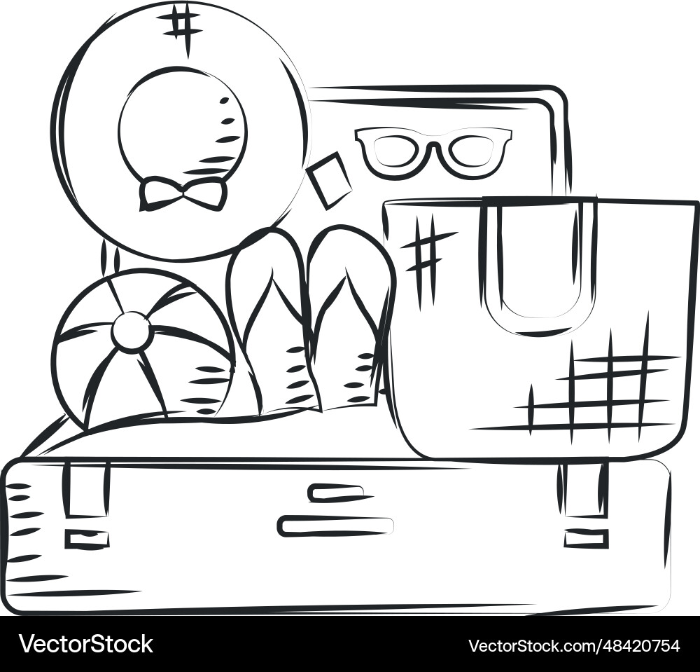 Sketch of an open travel bag with summer objects Vector Image