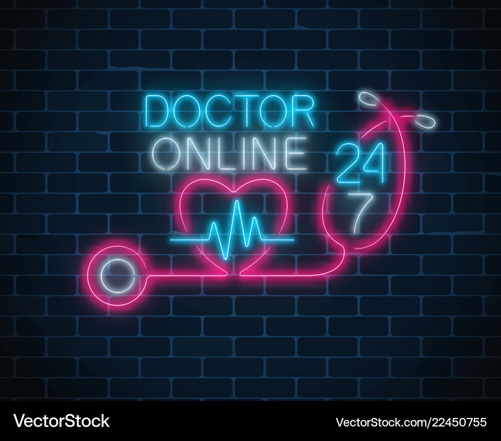 Doctor online glowing neon logo doctors Doctor online glowing neon logo doctors vector image