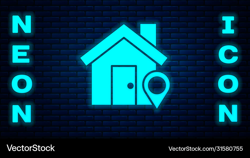 Glowing neon map pointer with house icon isolated vector image