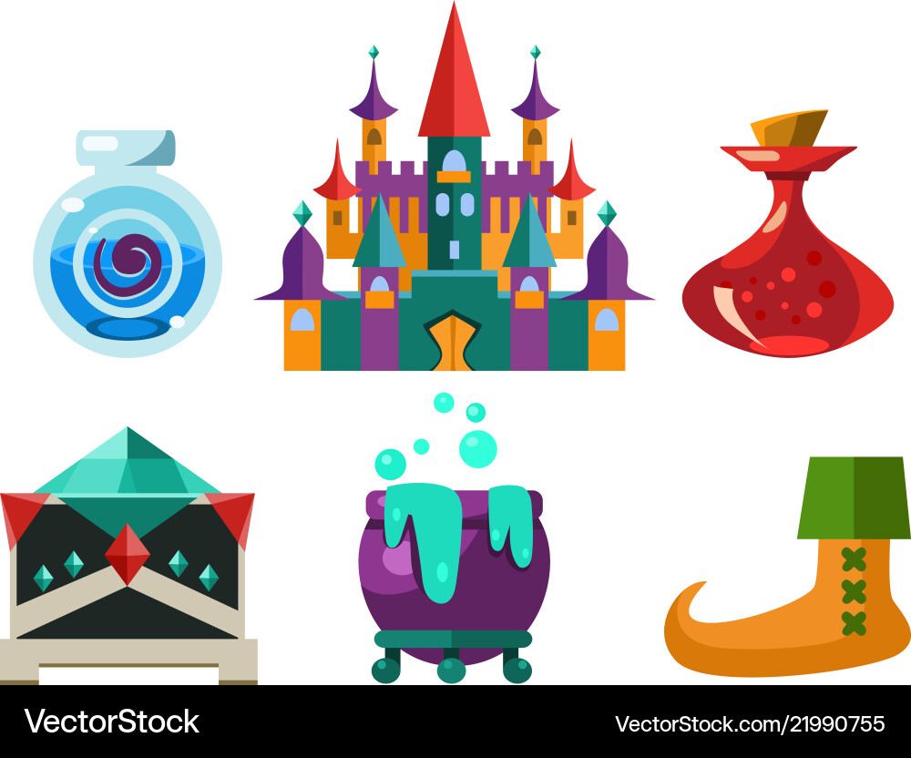Set of cartoon magic objects bottles with elixir Set of cartoon magic objects bottles with elixir vector image