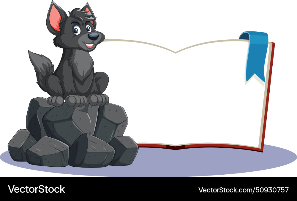 Cartoon wolf sitting on rocks with a book Cartoon wolf sitting on rocks with a book vector image