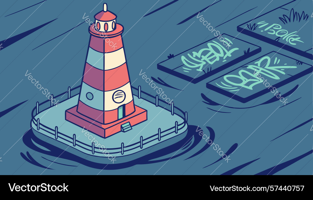 Lighthouse in harbor with floating bottles Vector Image