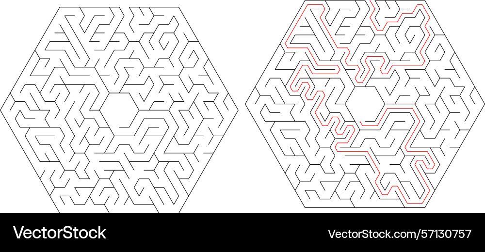 Mazes one solved with a red path Vector Image