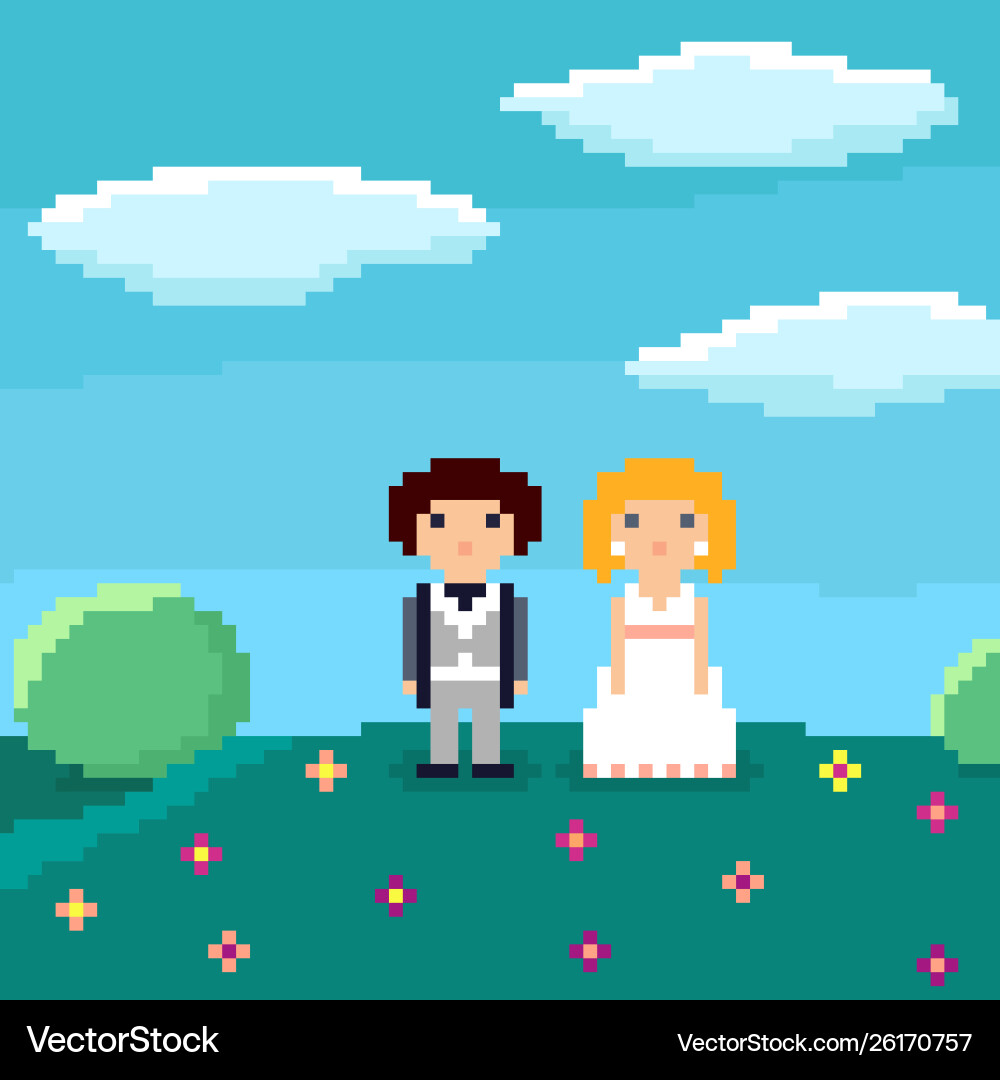 Pixel art wedding couple characters Pixel art wedding couple characters vector image