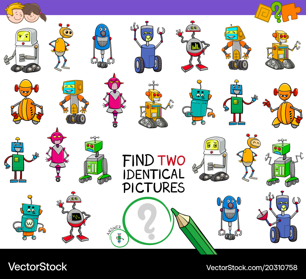 Find two identical robots game for kids vector image
