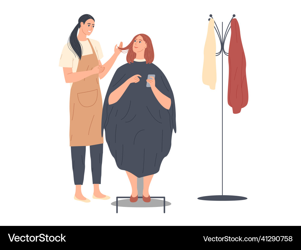 Frau diskutieren Frisurling mit ihrem Friseur Frau diskutieren Frisurling mit ihrem Friseur vektorbild
