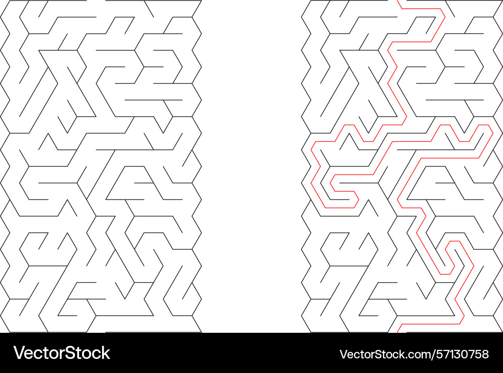 Mazes one solved with a red path vector image