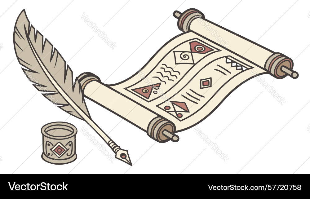 Old parchment scroll with quill pen ink design vector image